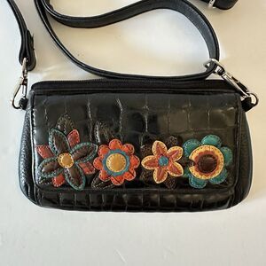 Brighton Flower Appliqué Croc Leather Shoulder/Crossbody Purse Bag RARE